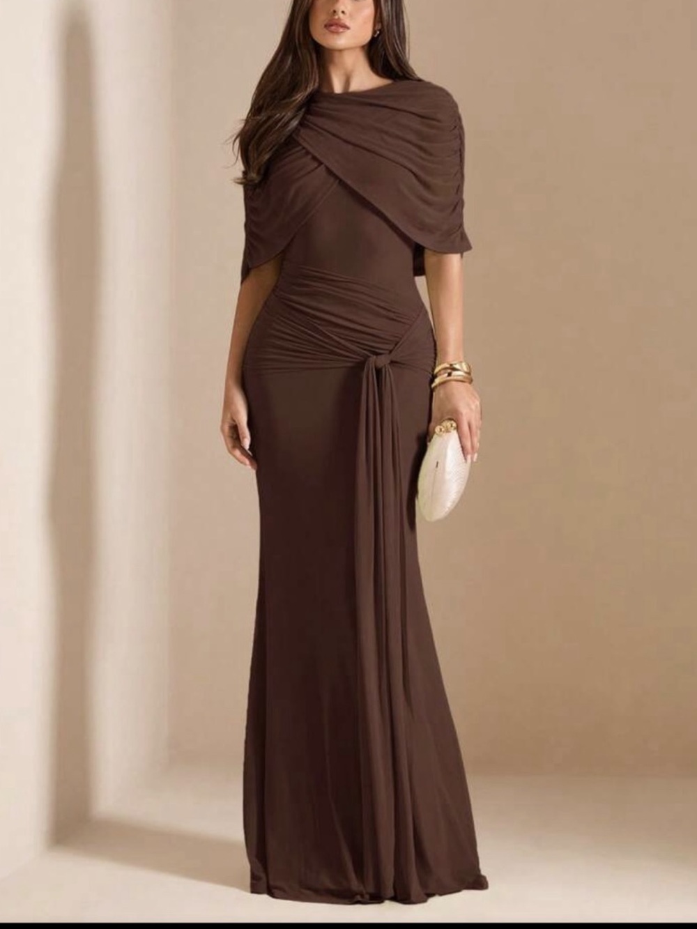 Luxe Brown Mesh Cape Bodycon Party Formal Evening Gown Dress